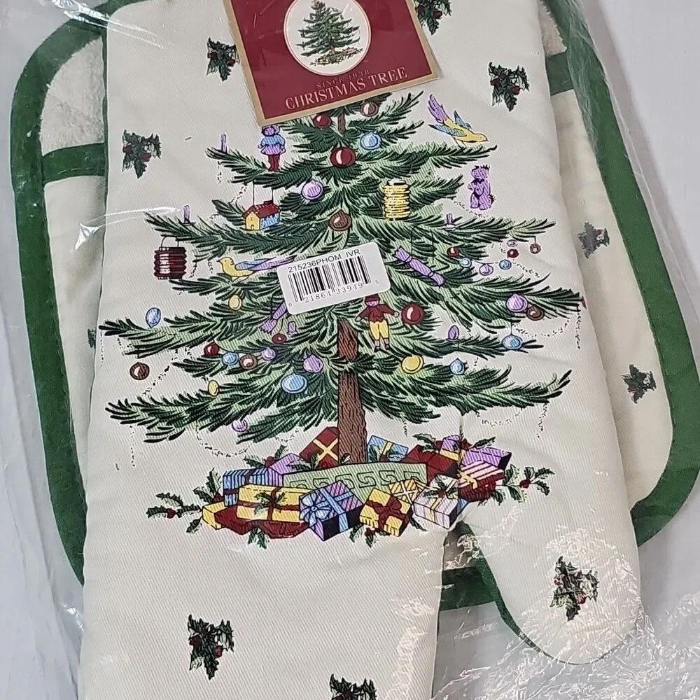 Spode Christmas Tree Pot Holder Oven Mitt Set NEW Holiday Hot Pad Terry Lined